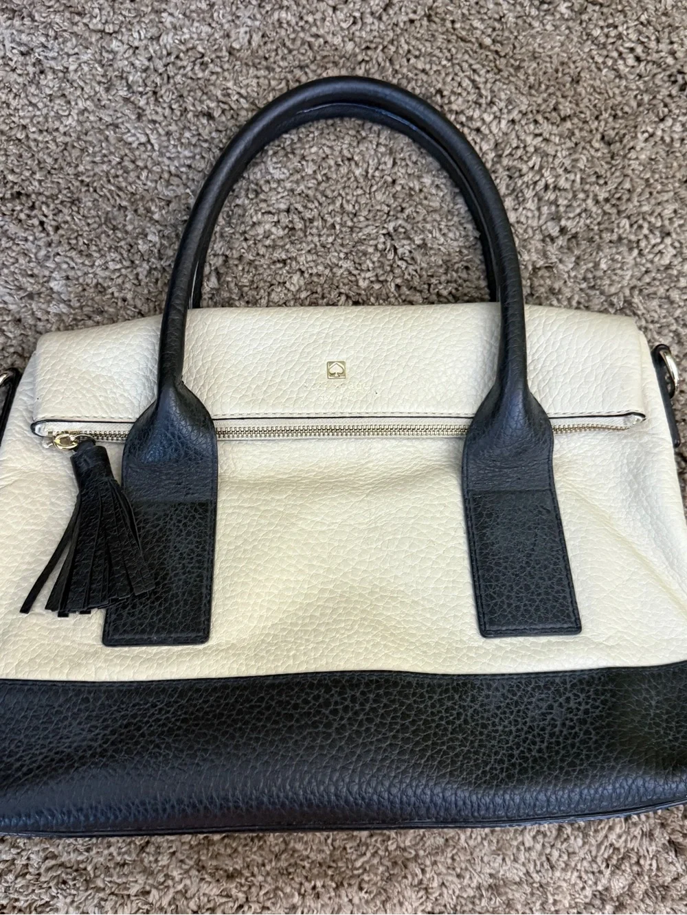 kate spade Cream and Black Leather Two-Tone Satchel with Tassel